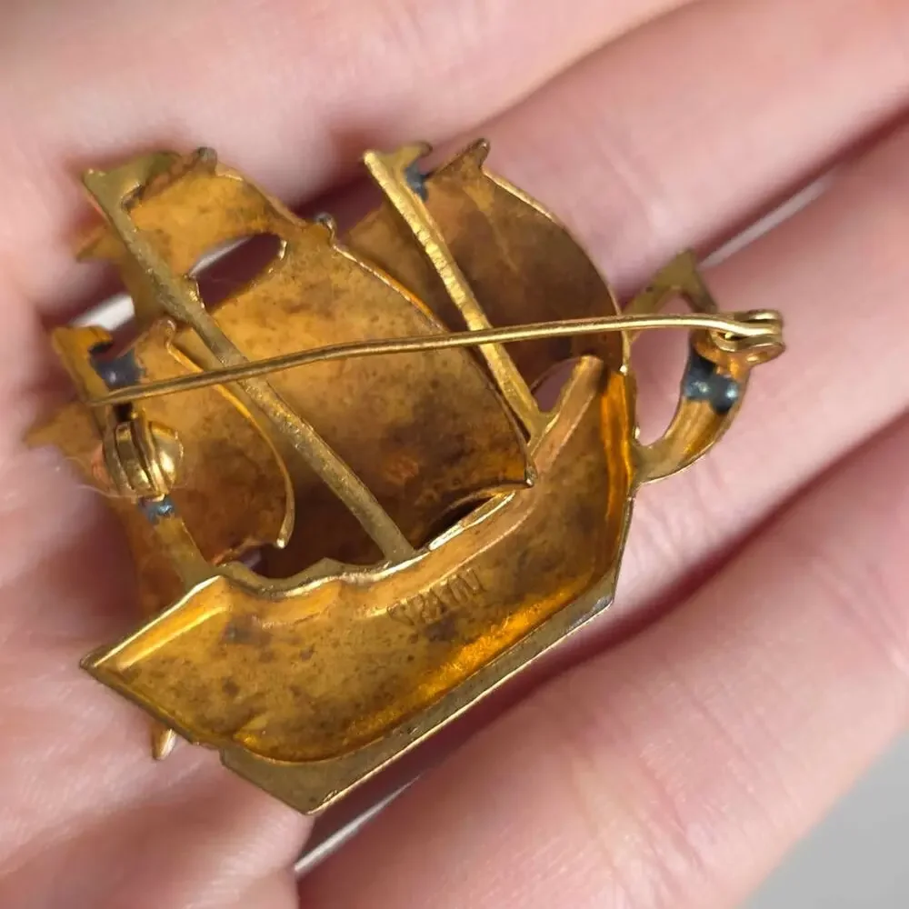Vintage Spain Ship Brooch Spanish Galleon Enamel Pin Damascene Nautical